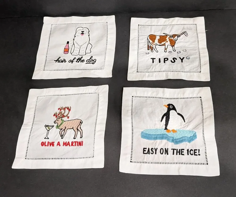 August Morgan Linen Cocktail Napkins Set Of 4 Animal Puns Hair of Dog Tipsy